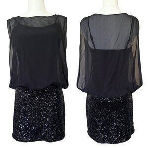 Vintage Y2K Black Cocktail Dress Party Women sz 3-4 Sequin Sheer Overlay Comfort